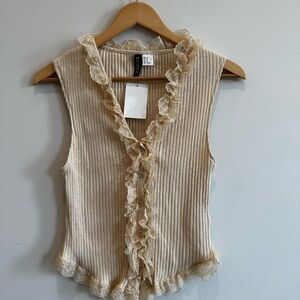 Lace Trim Ribbed Tan Top